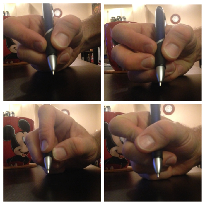 Examples of functional grasps. Top Left: Dynamic Tripod grasp; Top Right: Quadrupod grasp; Bottom Left: Unconventional Tripod; Bottom Right: Tripod Grasp with Thumb Wrap (Mickey is clearly interested)
